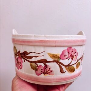 Vintage Portugal 1980 FTDA Hand Painted Pink Flower Ceramic Planter Pot Vase